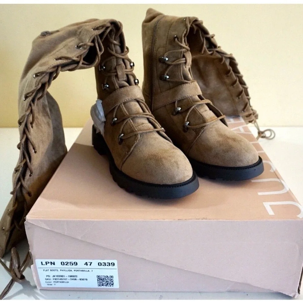 JustFab Phyllida Flat‎ Boots Women 7 Brown Over The Knee Lace Up Lug Sole Punk